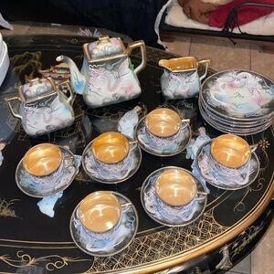 Vintage 21pc Moriyama Dragonwear hand painted Tea Set Japan Blue Bead Eyes
